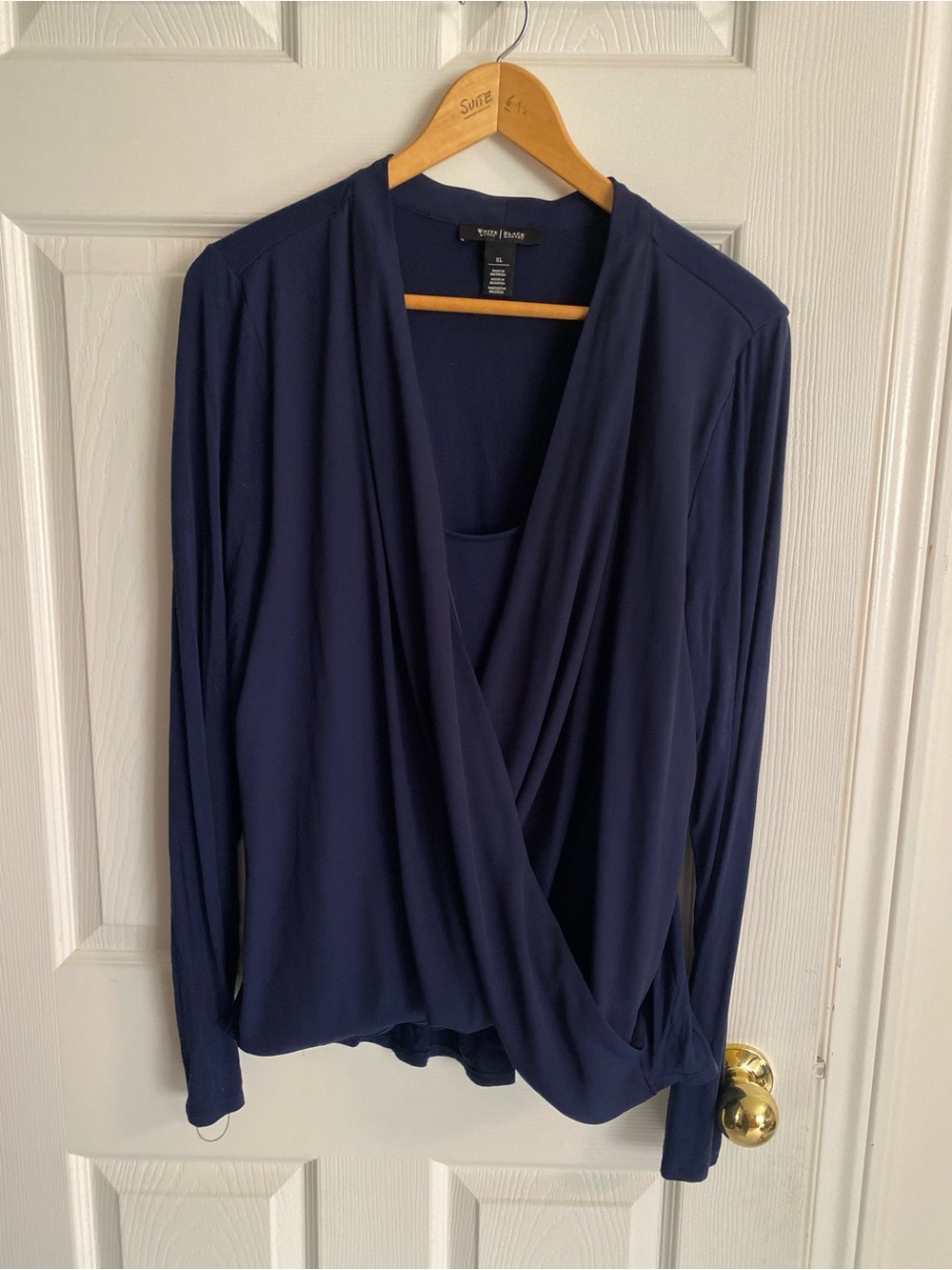 White House Black Market Navy Wrap-Style Long Sleeve Top
